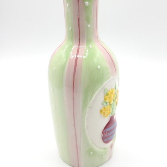 Small Flower Vase Ceramic Floral Etched Design Green Pink Yellow 6.50 " Like New - Picture 2 of 6